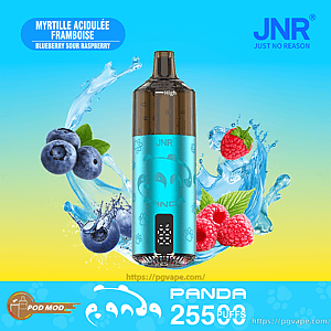 Turquoise JNR 'Panda' disposable vape pod centered on a blue-to-yellow gradient background, flanked by splashing water with blueberries and raspberries and labeled 