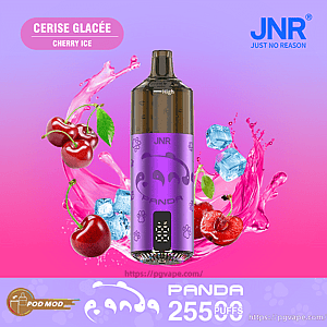 Purple JNR Panda disposable vape device centered on a pink-to-purple gradient background, surrounded by cherries, ice cubes and pink liquid splashes, with labels reading Cerise Glacée Cherry Ice, Panda 25500 puffs, and the JNR logo.