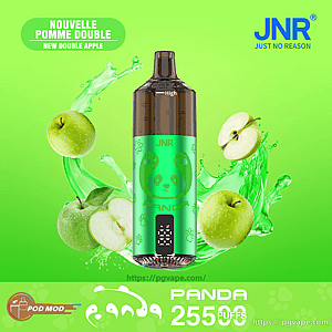 Bright green advertisement featuring a JNR Panda disposable vape device with a brown mouthpiece and panda logo, surrounded by whole and sliced green apples and splashing green liquid, with text noting New Double Apple flavor and Panda 25500 puffs.