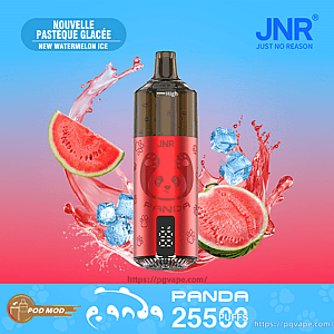 Red JNR Panda disposable vape pod with a panda face on the body set against a blue-to-pink gradient background, surrounded by watermelon slices, splashing juice and ice cubes with text labels announcing 