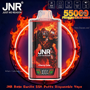 Glanzende rode JNR (Just No Reason) Rage Gorilla wegwerpvape met het label Cherry Cola, met een gepantserde brullende gorilla-afbeelding, een kleine digitale trekjesteller en mondstuk, afgezet tegen een vlammende ronde neonring met tekst die reclame maakt voor een hoog aantal trekjes.