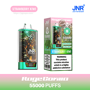 Green metallic disposable vape device and matching box labeled JNR Just No Reason featuring a roaring gorilla graphic, Strawberry Kiwi flavor and 55,000 puffs claim, with a nicotine warning on the packaging.