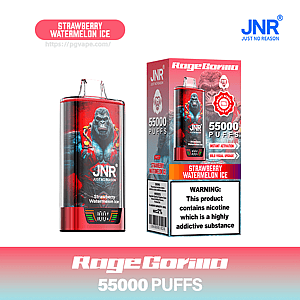 Red disposable vape device and matching retail box featuring a muscular gorilla illustration and 'RageGorilla' and 'JNR Just No Reason' branding, labeled flavor 'Strawberry Watermelon Ice', claiming '55,000 puffs', and showing a nicotine addiction warning.