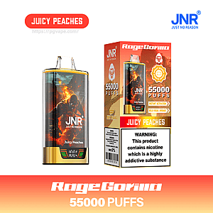 JNR RageGorilla disposable vape and its box in Juicy Peaches flavor, featuring a fiery gorilla graphic, gold accents, prominent 55,000 puffs claim and a nicotine warning label.