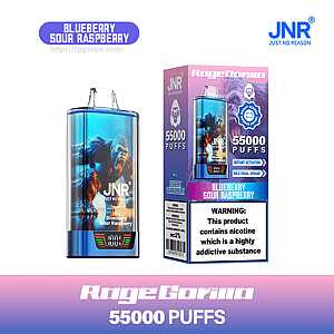 Metallic blue disposable vape and matching box branded JNR 'Roge Gorilla' featuring a roaring gorilla graphic, 'Blueberry Sour Raspberry' flavor, '55,000 puffs' claim, and a prominent nicotine addiction warning.