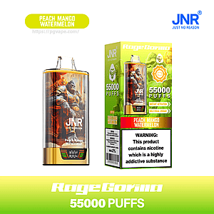 A gold-accented JNR disposable vape device with gorilla artwork shown next to its green-and-yellow box labeled “Peach Mango Watermelon” and “55,000 PUFFS,” with a prominent nicotine addiction warning on the packaging.