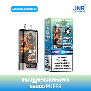 Disposable vape device and boxed packaging for JNR 'RageGorilla' featuring a roaring gorilla graphic, 'Watermelon Bubblegum' flavor label, '55000 PUFFS' claim, brand logo and a nicotine warning.