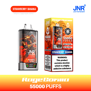 Compact JNR RogueGorilla disposable vape device and matching box in strawberry banana packaging featuring gorilla artwork, a prominent “55,000 PUFFS” claim, flavor label, digital indicator on the device and a nicotine warning panel.
