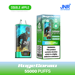 Green-metallic JNR 'Double Apple' disposable vape device featuring fantasy artwork shown beside its matching green retail box labeled '55000 PUFFS' and a prominent nicotine addiction warning