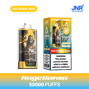 Product shot of a JNR RageGorilla disposable vape and its packaging for Kiwi Passion Guava, showing a black-and-gold device with a gorilla illustration, the JNR logo, a prominent 