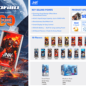 Promotional poster for JNR 'Rage Gorilla' disposable vape showing two gorilla-themed devices surrounded by fire and a volcanic landscape with large '5500 PUFFS' text, and a right panel detailing key selling points, product specs, flavor thumbnails and packaging options.
