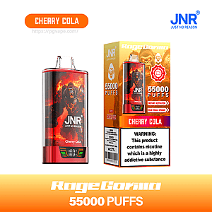 Red and black JNR RageGorilla Cherry Cola disposable vape and matching box featuring a roaring fiery gorilla graphic, '55000 PUFFS' claim, JNR logo and a nicotine warning label.