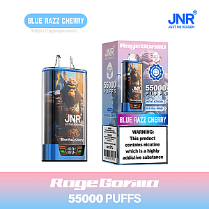 Packaging and blue metallic disposable vape device labeled JNR RageGorilla Blue Razz Cherry featuring gorilla artwork, a prominent 