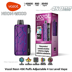 Purple Vozol Neon 45000 disposable vape device next to its matching LOVE 777 box, with branding and icons noting up to 45,000 puffs, 800 mAh battery, 20/50 mg nicotine options, four ice levels and other feature badges, plus a nicotine addiction warning.