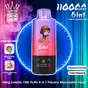 Bright neon advertisement centered on a purple-to-black disposable vape device labeled “6in1” and “Bang Leader 110k puffs,” set against a glowing circular backdrop with a crown logo at top-left, icons and text for six adjustable flavors on the left, and “Shipment from EU” and “Free Shipping” badges on the right.