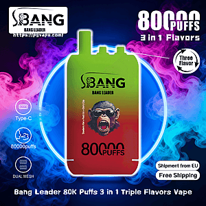 Colorful advertisement for a Bang Leader disposable vape showing a green-to-red device labeled 80,000 puffs centered inside a glowing blue ring against swirling pink and blue vapor, with icons for Type-C, 80,000 puffs and dual mesh on the left, a 'Three Flavor' circular badge and large '80,000 puffs 3 in 1 Flavors' text on the right, and 'Shipment from EU Free Shipping' and the product name along the bottom.