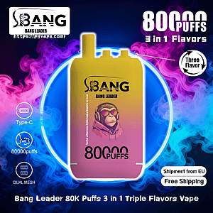 Colorful advertisement showing a gradient yellow-to-pink Bang Leader disposable vape device with a stylized monkey wearing sunglasses and '80,000 puffs' and '3 in 1 flavors' text, surrounded by purple and blue smoke and icons for Type-C, dual mesh, and free EU shipping.