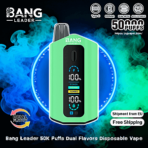 Mint-green Bang Leader disposable vape centered on a blue-green smoky background, with a black vertical digital display showing battery percentages and POWER/NORM/TURBO indicators, a top mouthpiece, and visible badges for dual flavor, 50K puffs, Type-C/650mAh/dual-mesh/adjustable, plus 'Shipment from EU' and 'Free Shipping' labels.