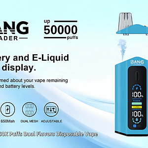 Advertisement showing two blue Bang Leader disposable vapes—one front view with an LED screen displaying 100% battery and e‑liquid levels and a removable mouthpiece, and one rear view with a colorful ape logo; text highlights up to 50,000 puffs, battery and e‑liquid level display, Type‑C 650mAh, dual mesh and adjustable settings, and arrows indicating double flavors with pink and blue vapor.