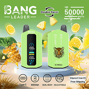 Bright lime-green Bang Leader disposable vape device shown front and back with a digital display and tiger logo, surrounded by pineapple and lemon slices and text advertising double flavor, up to 50,000 puffs, Type-C charging, 650mAh battery, dual mesh and adjustable settings and a 'Shipment from EU / Free Shipping' note