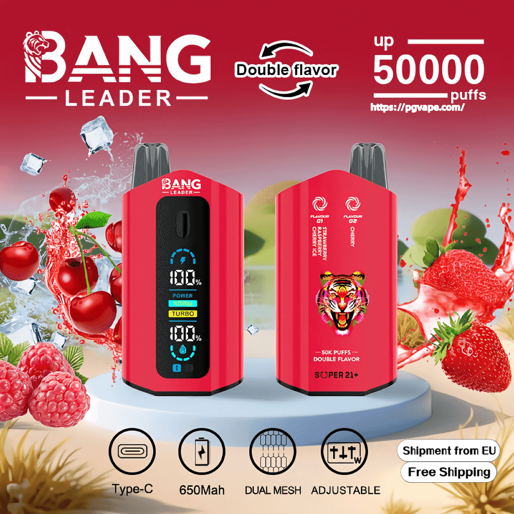 Red Bang Leader double‑flavor disposable vape shown front and back with a digital battery and power display and tiger logo, set against splashing strawberries, cherries and raspberries and labeled up to 50,000 puffs with icons for Type‑C, 650mAh, dual mesh and adjustable settings.