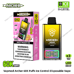 Vapmod Archer 60K disposable vape next to its pink-accented box labeled Juicy Peach Ice, showing 'Ice Control 3-Level', a nicotine warning and 60K puffs text, with the yellow-to-black device featuring a snowflake logo and a colorful LED display at the base.