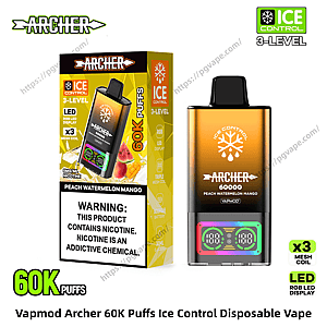Golden-orange Vapmod Archer disposable vape beside its retail box, both labeled '60K puffs' and 'Peach Watermelon Mango', showing Ice Control 3-level and RGB LED display icons, a small digital panel on the device, and a nicotine warning on the box.