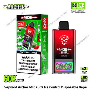 Red-to-black Vapmod Archer disposable vape beside its green-and-black retail box labeled 60K puffs and Watermelon Ice, showing Ice Control 3-level branding, RGB LED display, x3 mesh coil callouts and a nicotine warning label.