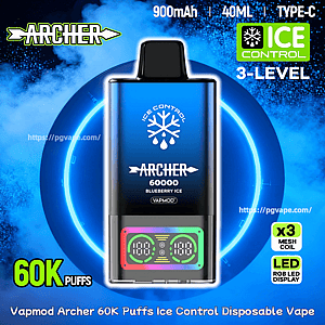 Close-up of a blue Vapmod Archer disposable vape against a glowing blue circular background, showing a snowflake 'Ice Control' logo, digital LED display, and text reading '60000 Blueberry Ice' with promotional labels for 60K puffs, 900mAh, 40ML, Type-C, 3-level ice control and x3 mesh coil.