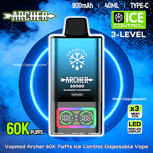 Advertising image of a blue Vapmod Archer disposable vape device marked “60000” with an ice-control snowflake logo and a colorful RGB LED display, set against a blue icy background and labeled 60K puffs, 900mAh, 40ml, Type-C, 3-level ice control, x3 mesh coil, blueberry raspberry flavor.