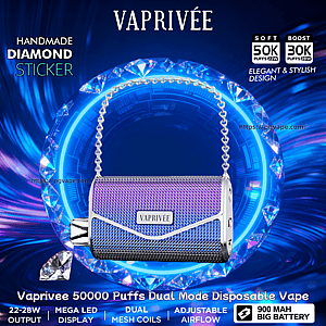 VAPRIVÉE logo above a purple-to-blue metallic, purse-shaped disposable vape with a chain handle centered inside a glowing faceted diamond ring on a blue swirling background, labeled with puff counts (50K/30K) and a 900 mAh big battery and product name.