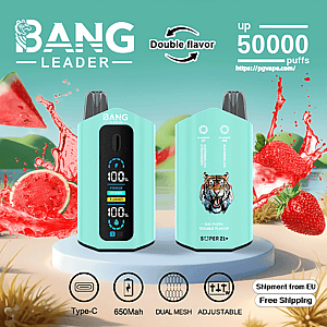 Two mint-green Bang Leader disposable vape devices on a circular pedestal — the front unit shows a digital display reading 100% with power and turbo icons, the rear unit features a roaring tiger logo and flavor labels — set against splashes of watermelon and strawberry with text saying Double flavor, up 50,000 puffs, and icons for Type‑C, 650mAh, dual mesh, adjustable, plus 'Shipment from EU' and 'Free Shipping'.