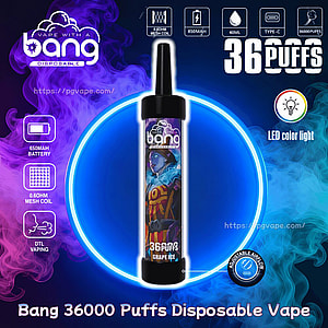 Promotional graphic featuring a Bang disposable vape (Grape Ice) centered in a glowing blue ring with purple and teal smoke, surrounded by icons and text noting features such as 650mAh battery, 0.6Ω mesh coil, 40ml e-liquid, Type‑C charging, LED color light, adjustable airflow, and prominent “36 puffs”/“36000 puffs” labels.