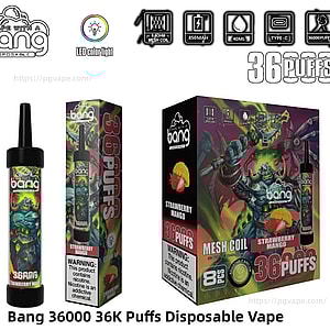 白い背景に、Bang 使い捨て電子タバコ、そのスリムな小売ボックス、ネオンファンタジー戦士のアートワーク、ストロベリーマンゴーフルーツの画像、メッシュコイル、850mAh バッテリー、40mL リキッド、Type-C 充電、LED カラーライト、および 36,000 (36K) パフのブランドを示すアイコンで装飾された大きなディスプレイボックスを示す 3 つのパネルの製品画像。.