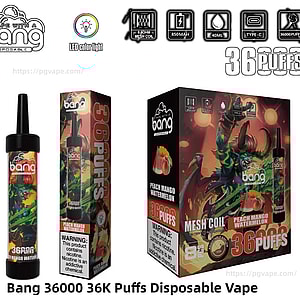 Bang 使い捨て電子タバコ デバイスの製品画像。その小売スリーブと大きなディスプレイ ボックスには、ピーチ、マンゴー、スイカのフレーバー、カラフルなドラゴンのアートワーク、メッシュ コイル、850 mAh バッテリー、40 mL のリキッド、Type-C 充電のアイコンが示され、36,000 パフと目立つようにラベルが貼られています。.