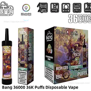 Bang 使い捨て電子タバコ セットの製品ショット。先端が黒いカラフルな電子タバコ ペン、スリムなストロベリー キウイの小売ボックス、ファンタジーのアートワークと 0.6Ω メッシュ コイル、850mAh バッテリー、40mL リキッド、Type-C 充電と 36,000 パフ、ニコチン警告ラベルが描かれた大きなディスプレイ ボックスが表示されます。.