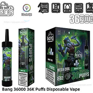 Bang「36000 36K Puffs」Mint Ice 使い捨て電子タバコのスリーブと小売ボックスを並べた製品写真。緑と青の氷の戦士のイラスト、背の高い黒いマウスピース デバイス、メッシュ コイル、850mAh、40ml、Type-C 充電、LED カラー ライト、36,000 パフを示すアイコンが特徴です。.