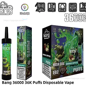 使い捨てベイプデバイスと小売パッケージは、うなるスライムモンスターのイラストが描かれた緑色の「ダブルアップル」アートワーク、0.6Ω メッシュコイル、850 mAh バッテリー、40 ml、Type-C および LED カラーライト、および大胆な 36K/36000 パフラベルの機能アイコンを備えています。.