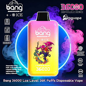 Bright gradient disposable vape device labeled “Bang” and “ICE” with “36000 puffs” and “Strawberry Mango” flavor, showing a pink-yellow rectangular body decorated with a cartoon purple bat-like character playing a guitar, set against neon blue and pink swirling smoke with small icons for fingerprint pressure regulation, 850mAh battery, Type-C charging and pgvape branding.
