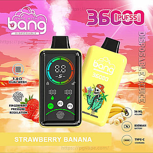 Promotional image for a Bang disposable vape showing two devices—a black unit with a circular digital screen and green indicators and a yellow unit with a skeleton-in-Hawaiian-shirt illustration—set against a pink sunset with '36000 puffs' and 'Strawberry Banana' text plus icons for 1.0Ω dual mesh, fingerprint pressure regulation, 36 mL volume, 850 mAh battery and Type‑C charging and strawberry and banana visuals.