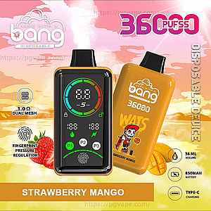 Two Bang disposable vape devices—one with a black digital display and one orange body featuring a skull-on-a-skateboard graphic—set against a pink-orange sky background with branding text reading 360 puffs and STRAWBERRY MANGO and small icons noting 1.0Ω dual mesh, fingerprint pressure regulation, 36 ml volume, 850 mAh battery, and Type‑C charging.