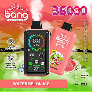 Two pink Bang disposable vape devices—one with a black digital display showing circular metrics and control icons, the other printed with a skeleton and labeled Watermelon Ice—advertised as 3600 puffs with icons for 36 ml volume, 850 mAh battery, Type‑C charging, 1.0Ω dual mesh and fingerprint pressure regulation.