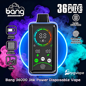 Advertisement showing a black rectangular disposable vape with a circular digital display, set against purple and teal vapor and surrounded by icons and text noting 36 puffs, 650mAh battery, 0.6Ω mesh coil, DTL vaping, fingerprint pressure regulation, and brand logos 'bang' and 'pgvape'.