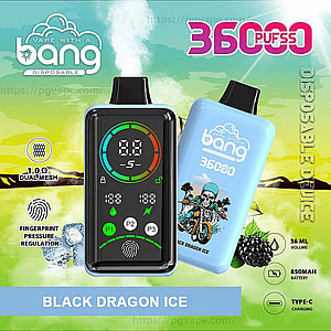 Advertisement showing two Bang disposable vape devices—one black with a colorful digital display and one light blue printed with a motorcycle graphic—set on a green-yellow background with smoke, labeled “360 puffs” and “Black Dragon Ice,” with icons noting 36 ml volume, 850 mAh battery, Type‑C charging, 1.0Ω dual mesh and fingerprint pressure regulation beside images of blackberries and ice.