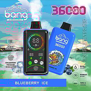 Two bright blue Bang disposable vape devices—one with a black digital display showing a colored circular gauge and icons, the other with a surf-wave graphic and 'Bang 3600 puffs' branding—set against a stylized sky-and-water background with the flavor label 'Blueberry Ice' and small icons noting 1.0Ω dual mesh, fingerprint pressure regulation, 36 ml volume, 850 mAh battery, and Type‑C charging.