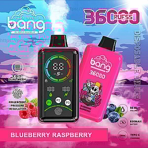 Two bright pink Bang disposable vape devices—one with a black digital display showing a colorful circular gauge and icons and the other decorated with a skull graphic—set against a purple-blue cloudy background with blueberries and raspberries and bold text reading “3600 puffs” and “Blueberry Raspberry”.