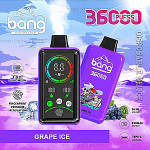 Advertising image of a purple Bang disposable vape labeled Grape Ice showing a glossy rectangular device with a digital front display and fingerprint icon, a purple back panel with a skeleton-in-a-boat graphic, and small icons noting 36 mL volume, 850 mAh battery, Type‑C charging and dual-mesh coil.