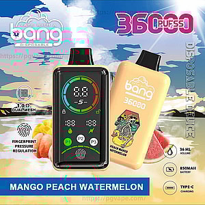 Two Bang disposable vape devices—one black with a colorful digital display and one peach-colored featuring a skeleton surfboard graphic—on promotional packaging reading “360 puffs” and “Mango Peach Watermelon” with icons for 36 ml, 850 mAh battery and Type‑C charging.