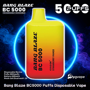 Bright yellow-to-red gradient rectangular disposable vape labeled "Bang Blaze BC 5000" and "Strawberry Mango" centered against a dark smoky background with a glowing blue ring, large "5000 PUFFS" text and small product specs at the bottom.