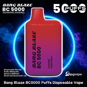 Rectangular red-to-purple gradient disposable vape labeled 'BANG BLAZE BC 5000' centered on a dark smoky background with a glowing blue ring, large '5000 puffs' text, small device specs and a pgvape logo